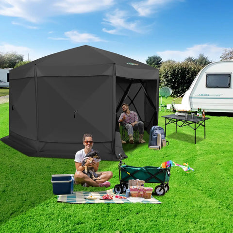 Pop Up Gazebo 15 By 15 Foot Canopy Tent With Sidewalls Screened In For Outdoor Parties And Camping, Easy No Tool Setup, Portable Backyard Shelter, Fits 12 To 15 People, Black installed on grass with people inside and picnic setup outside.