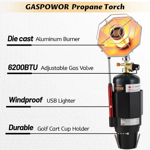 Portable Golf Cart Heater With Cup Holder And Control Valve, 6200 BTU Outdoor Propane Heater With Windproof USB Lighter.