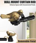 Bird Shaped Curtain Rod Finials Gold Finish Metal Ends For Curtain Rods Easy To Install Set Of 2 Durable Rust Resistant Decor For Windows Or Bedroom Adds Elegant Bird Charm To Your Space. Gold bird curtain rod finial on black wall mount rod, metal decorative end