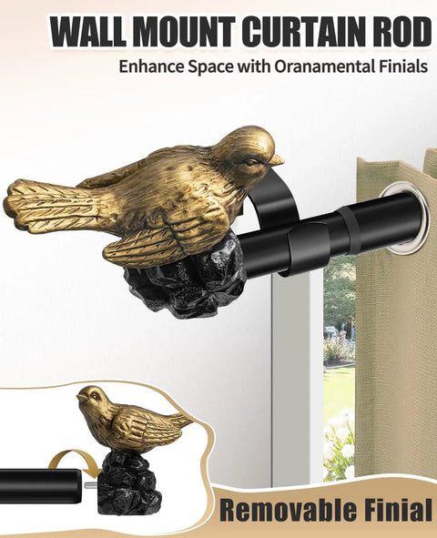 Bird Shaped Curtain Rod Finials Gold Finish Metal Ends For Curtain Rods Easy To Install Set Of 2 Durable Rust Resistant Decor For Windows Or Bedroom Adds Elegant Bird Charm To Your Space. Gold bird curtain rod finial on black wall mount rod, metal decorative end