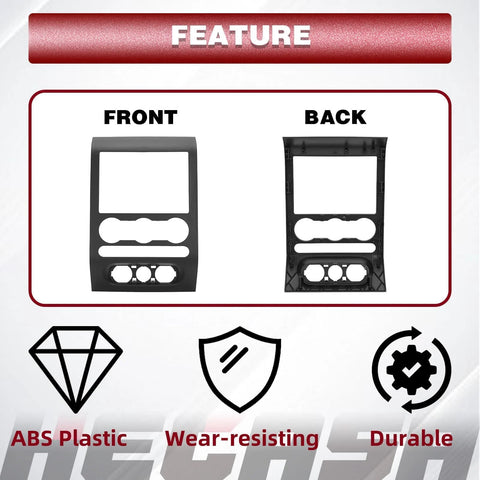 HECASA dash radio bezel center trim panel for 2004–2008 Ford F-150; front and back views, ABS plastic, black