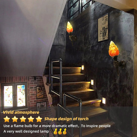 Two Pack Rustic Industrial Wall Sconces With Flame Glass Lampshade, Fist Shaped Antique Brown Aluminum Brackets on staircase wall