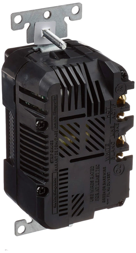 Back view of Type A USB In Wall Charger With 15A Tamper Resistant Outlet, Dual USB Ports Deliver 3.6A Smart Charging For Smartphones, No Power Delivery, Black Finish showing connection points and design.