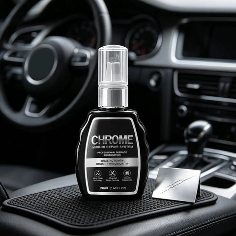 Slick Silver Rim Paint Restores Your Tight Chrome Tone Rims With High Gloss Coverage That Handles Stubborn Scratches And Shields Against Road Grime Everyday in 20ml bottle on car dashboard.