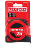 Red 25-ft tape measure in packaging, labeled Craftsman with auto-locking blade feature. Self Lock Tape Measure With Retractable Blade And Rubber Overmold For A Solid Grip 8 Meter Length Easy Read Fractions On Blade Built Tough Go To DIY Pro Grade Tool For Quick Accurate Measuring.