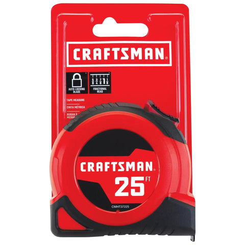 Red 25-ft tape measure in packaging, labeled Craftsman with auto-locking blade feature. Self Lock Tape Measure With Retractable Blade And Rubber Overmold For A Solid Grip 8 Meter Length Easy Read Fractions On Blade Built Tough Go To DIY Pro Grade Tool For Quick Accurate Measuring.