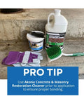 Akona Concrete Restoration Cleaner and tools including purple gloves and green brush on a concrete step