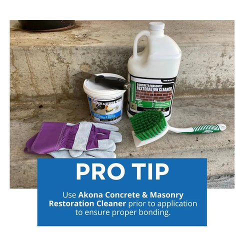 Akona Concrete Restoration Cleaner and tools including purple gloves and green brush on a concrete step