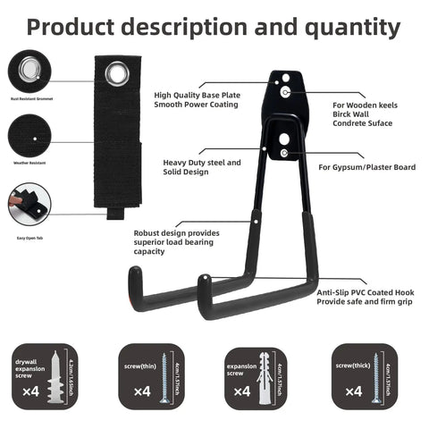 Diagram showing 4 Pack Garage Hooks Wall Mount Storage Hangers With 2 Extension Cord Straps and screw types for mounting.