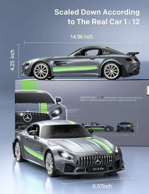 Mercedes Benz GT R Pro 1/12 Scale RC Car Official Licensed Drift Vehicle with realistic body design and size dimensions shown.