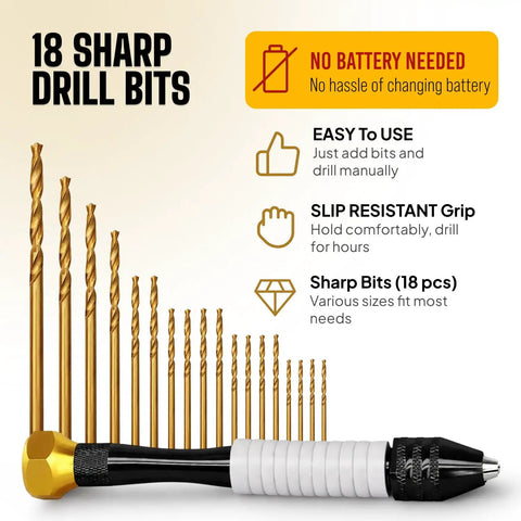 Pin Vise Hand Drill Manual For Jewelry Making With Micro Drill Bits 0.8mm To 2.5mm displayed with 18 gold bits