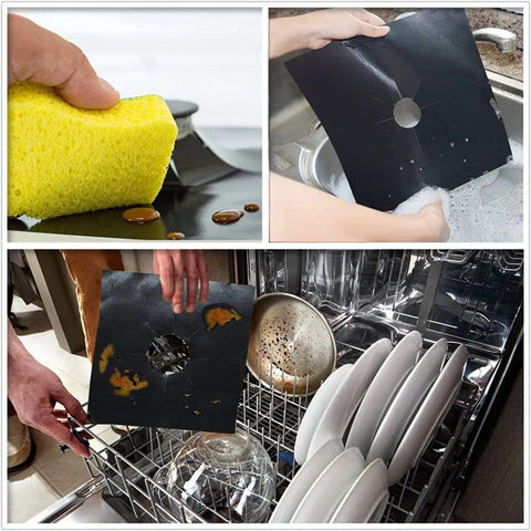 Reusable Gas Stove Burner Covers Ten Pack Nonstick Stovetop Liners And Gas Range Protectors in use and being cleaned