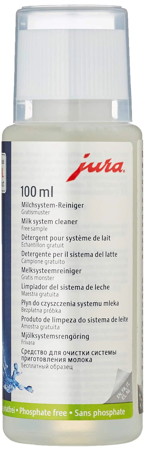 100ml milk system cleaner bottle with multilingual label and blue accents