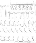 Pegboard Accessory Kit For 1/8-Inch Holes, 50-Piece Set With Galvanized Steel Construction displayed in rows