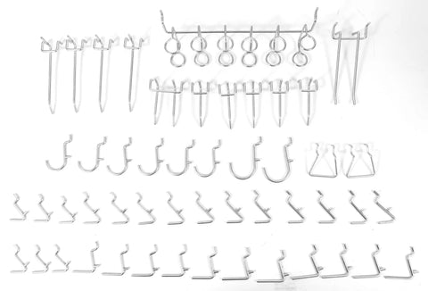 Pegboard Accessory Kit For 1/8-Inch Holes, 50-Piece Set With Galvanized Steel Construction displayed in rows