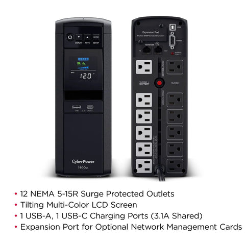 UPS Battery Backup And Surge Protector With PFC Sine Wave, 1500VA 1000W, 12 Outlets, AVR, Mini Tower, UL Certified, Keeps Your PCs, Workstations, And Networking Gear Online When The Lights Go Out