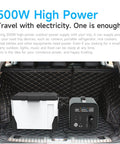 Go Anywhere 500W Solar Generator for Off Grid Power, Camping and Emergency Use, shown in car trunk with 220V output