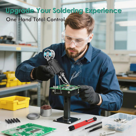 Man using 60W Auto Feed Soldering Iron Gun Kit With Adjustable Temperature LCD Display One Hand Soldering Ready in workshop