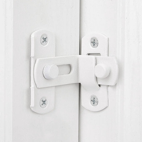 Close-up of Four Pack Matte White 90 Degree Flip Barn Door Lock Latches Tough As Nails Heavy Duty Stainless Steel Gate Latch