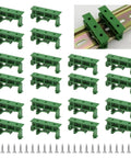 Durable Plastic DIN Rail Mounting Adapter Kit 10 Sets For 35mm Rails with green clips and screws, assorted view.
