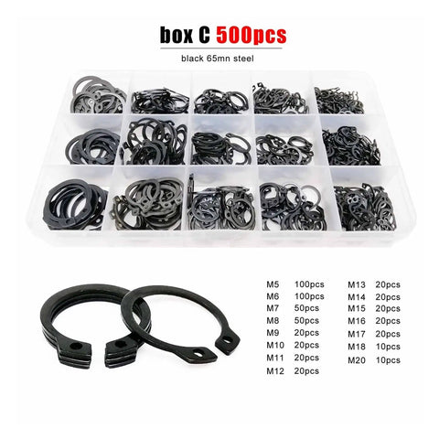 Assortment Kit M5 To M20 External Circlips Snap Rings C Type Retaining Clips In Black 65Mn 10 Sizes 500Pcs in Box C