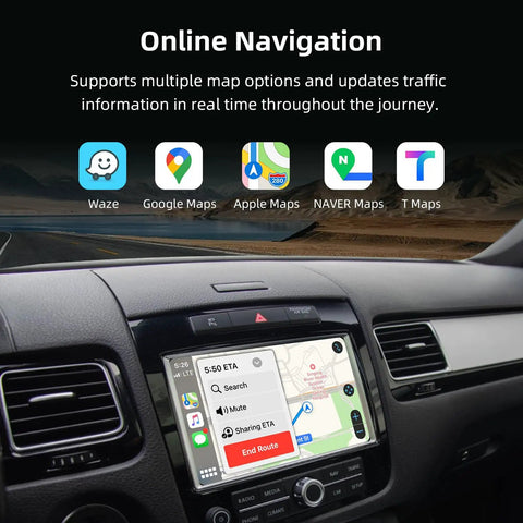 VW Touareg Wireless CarPlay Android Auto Adapter Upgrade Kit with 2.4G 5.8G WiFi Bluetooth 5.0 installed in dashboard showing maps