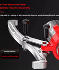 Close-up of Beefy Hydraulic Cylinder Repair Tool With 2 Or 3 Jaw Puller mechanism, showcasing bolts and red metal detail.