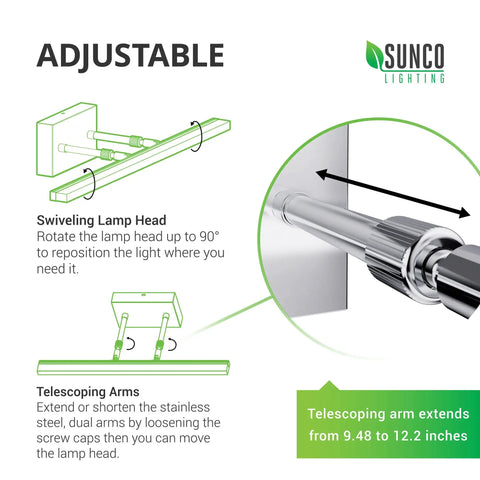 Diagram showing adjustable features of Modern Vanity Light Fixture For Bathroom, LED Bar Lights, with chrome finish.