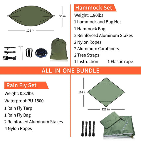 All In One Camping Hammock With Mosquito Net And Rain Fly Tarp Portable Nylon Parachute Hammock Set dimensions and components