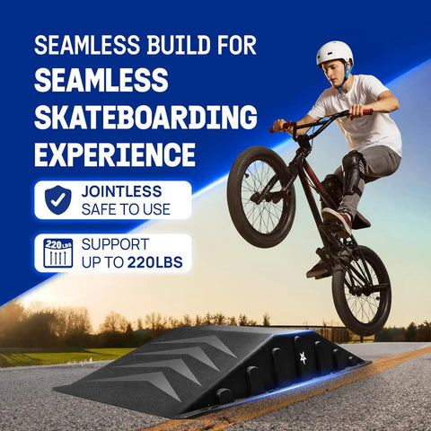Single-Piece Skateboard Ramp For Beginners, 44 Inches Long, 220 Pounds Capacity, Durable Non-Slip Textured Surface, in use with BMX bike