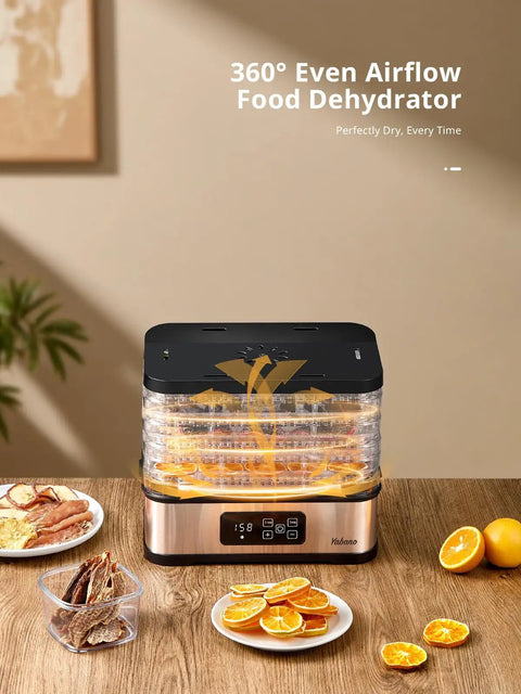 Five Tray Electric Food Dehydrator With Smart Digital Controls And Flexible Temp Settings, displaying dried fruits on a kitchen countertop.