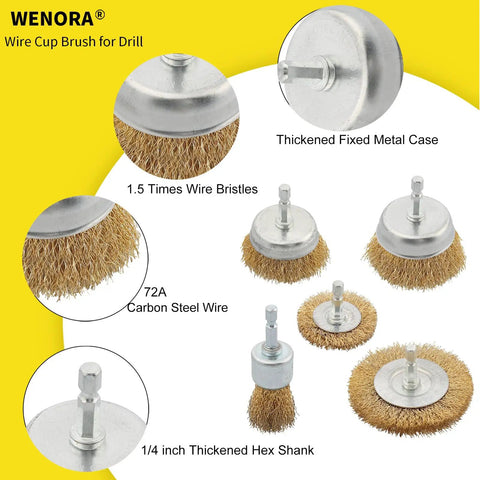 5 Piece Drill Wire Brush Set With One Quarter Inch Hex Shank Rust Removal Wheels Cups And End Brush for clean projects