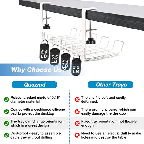Under Desk Cable Management No Drill 32 Inch 2 Pack Fast Clip On Cable Organizer supporting 5.5 lb with comparison features.