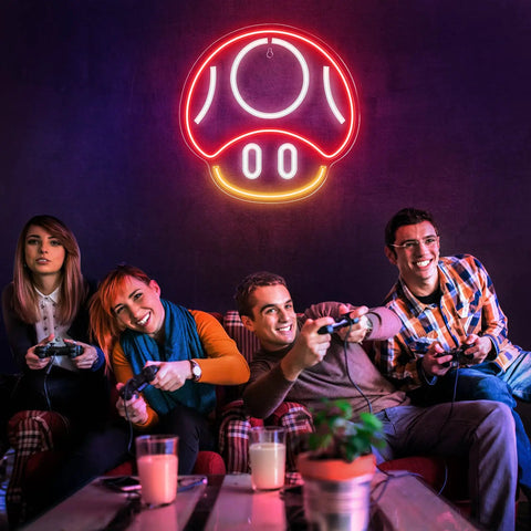Group playing video games under Mushroom Neon Sign For Gaming Room Decor Red LED Wall Light For Game Room Man Cave Kids Room Gamer Gifts