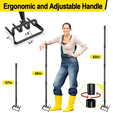Heavy Duty Garden Hoe With Adjustable 62 Inch Long Handle Hula Hoe Cultivator 2 In 1 Weeding Tool demonstration with woman and measurements