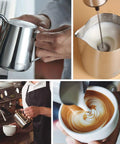 Collage of Stainless Steel Milk Frothing Pitcher Set 12oz 20oz 32oz for Espresso Machines, milk steaming and latte art