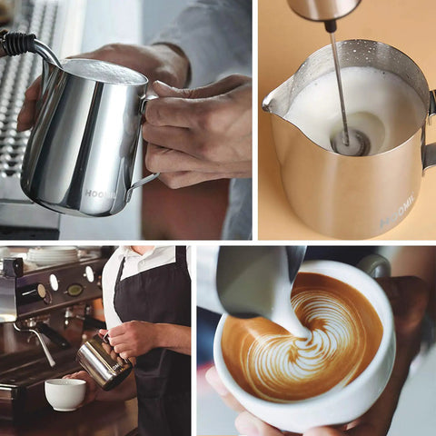Collage of Stainless Steel Milk Frothing Pitcher Set 12oz 20oz 32oz for Espresso Machines, milk steaming and latte art
