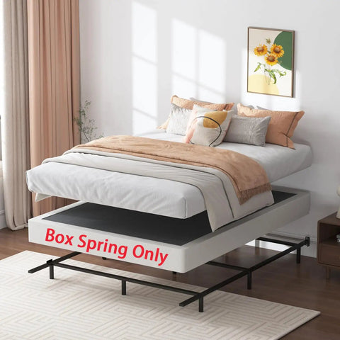 Heavy Duty Queen Box Spring 7 Inch Metal Frame Mattress Foundation Bed Base Built Tough For Rock Solid Support And Zero Flex Design 3000 Pound Weight Limit in bedroom setup.