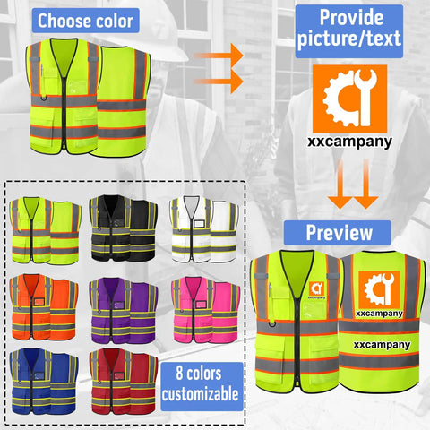 Custom Logo High Visibility Safety Vest Hella Bright Reflective Hi Vis Construction Workwear For Men And Women Crew Gear With Your Company Printed Back Panel in various colors and styles.