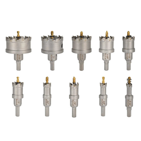Beefy 10Pcs TCT Carbide Hole Saw Kit 14-60mm with 3 extra pilot bits and 1 hex key for stainless steel and aluminum alloy.