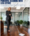 Woman using Built Tough 59 Inch Commercial String Mop System on wooden floor, showcasing heavy-duty cleaning in office.
