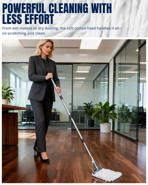 Woman using Built Tough 59 Inch Commercial String Mop System on wooden floor, showcasing heavy-duty cleaning in office.