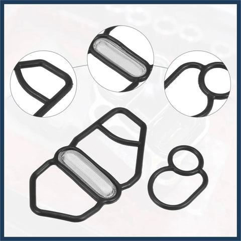 VTEC Solenoid Gasket And Spool Valve Filter Screen Replacement Kit For Honda Prelude Civic Del Sol All Models 1995 1996 1997 1998 1999 2000 2001 Pack Of 2 Black Durable Easy Install Plug And Play DIY Friendly rubber and metal gaskets on display