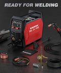 Six In One MIG Welder 205A 120V 240V with APP Control, accessories visible, for home DIYers and shop projects, front view.