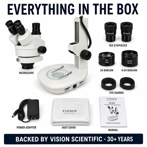 Trinocular Stereo Zoom Microscope 3.5X To 90X With Dual LED Illumination And 45 Degree Inclined Head, 360 Degree Rotating Ocular Tubes, Diopter Adjustment For Both Tubes, Long Life Cool LED Lighting With Adjustable Intensity. Includes eyepieces, Barlow lenses, eye guards, adapter, dust cover, and manual.