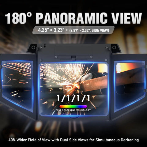 Image of Auto Darkening Welding Helmet With 180 Degree Panoramic View True Color Lens Internal Digital Display Wide Shade Three To Four And Eight To Fourteen For MIG TIG Stick Tack Grind Cut Smart Auto Adjustment Adjustable Shade Sensitivity And Delay All Day, showing sparks and true color lens technology.