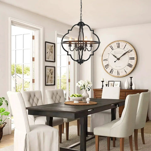 Rustic Farmhouse Black Chandelier for Dining Room And Living Areas With Industrial Metal Design, enhancing a bright dining space.