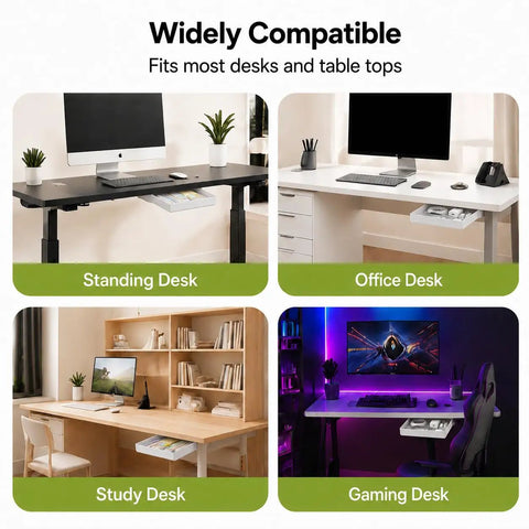 Kick Clutter To The Curb With This Slick Under Desk Drawer Organizer 2 Pack in various desk setups like standing, office, study, and gaming.