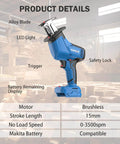 Cordless Reciprocating Saw With Powerful Brushless Motor, 20V, 3500 RPM, visible features labeled in warehouse setting