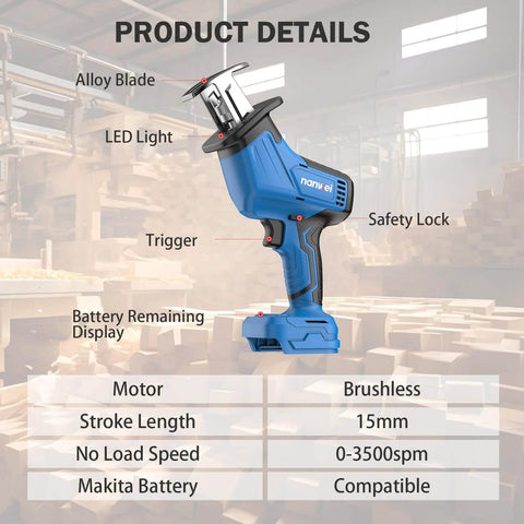 Cordless Reciprocating Saw With Powerful Brushless Motor, 20V, 3500 RPM, visible features labeled in warehouse setting